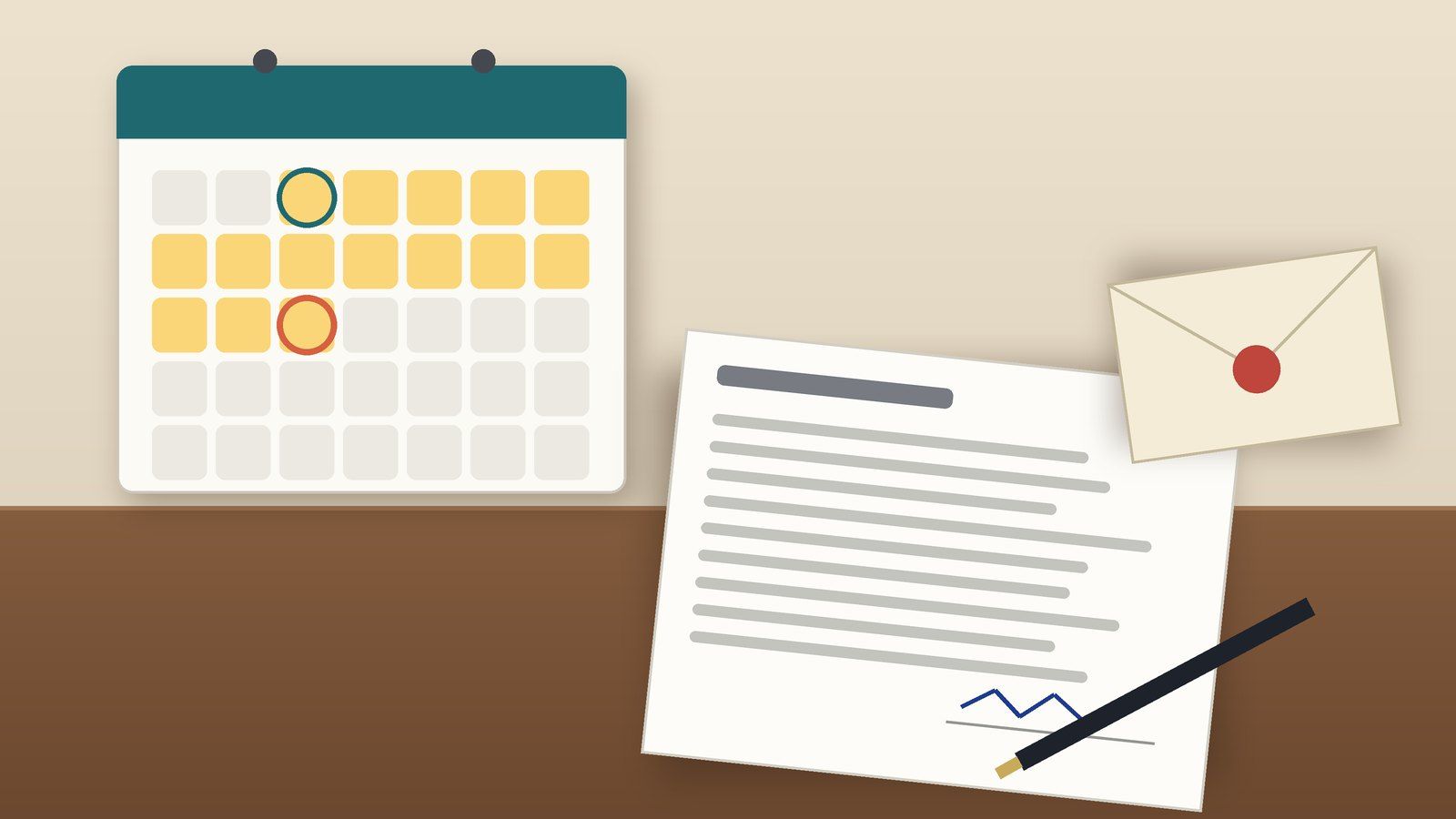 Ilustração: calendário com 15 dias assinalados, um contrato de crédito assinado, uma caneta e um envelope fechado sobre uma secretária