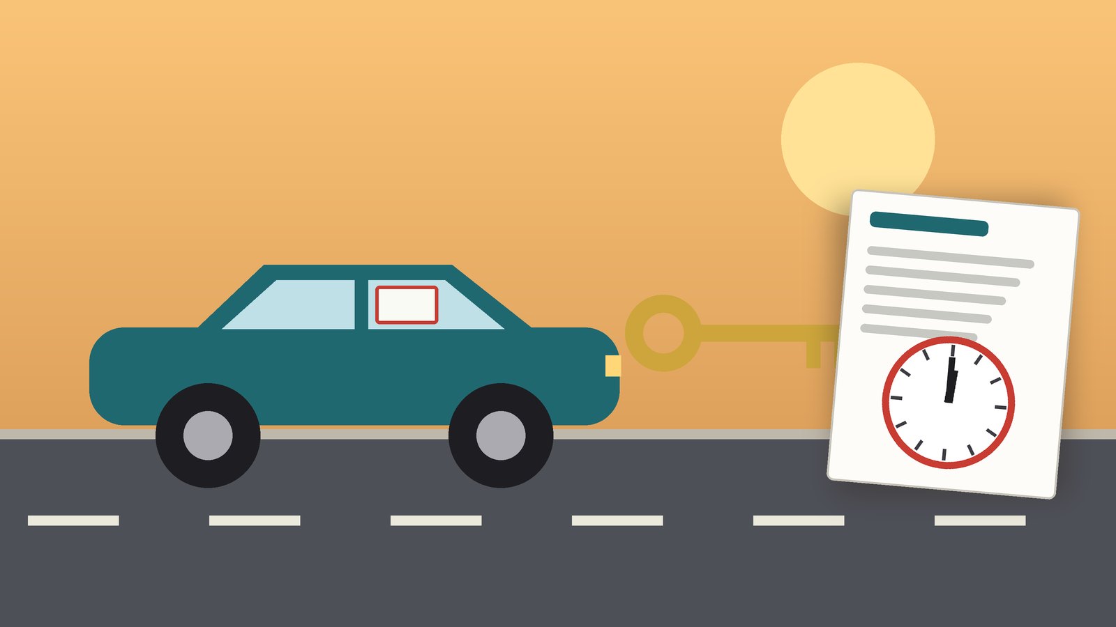 Ilustração de um carro à venda numa rua, com uma chave e uma apólice de seguro com um relógio a marcar a meia-noite