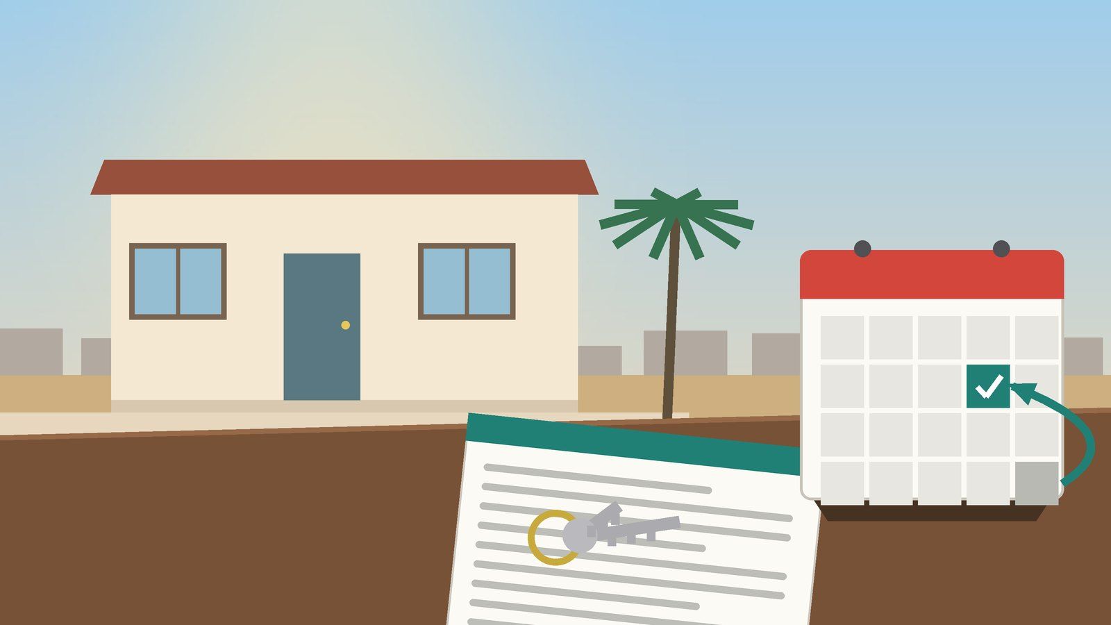 Ilustração: uma casa térrea de paredes claras e telhado vermelho; em primeiro plano, um molho de chaves sobre um contrato e um calendário em que uma seta leva a última data para um dia anterior, assinalado a verde.