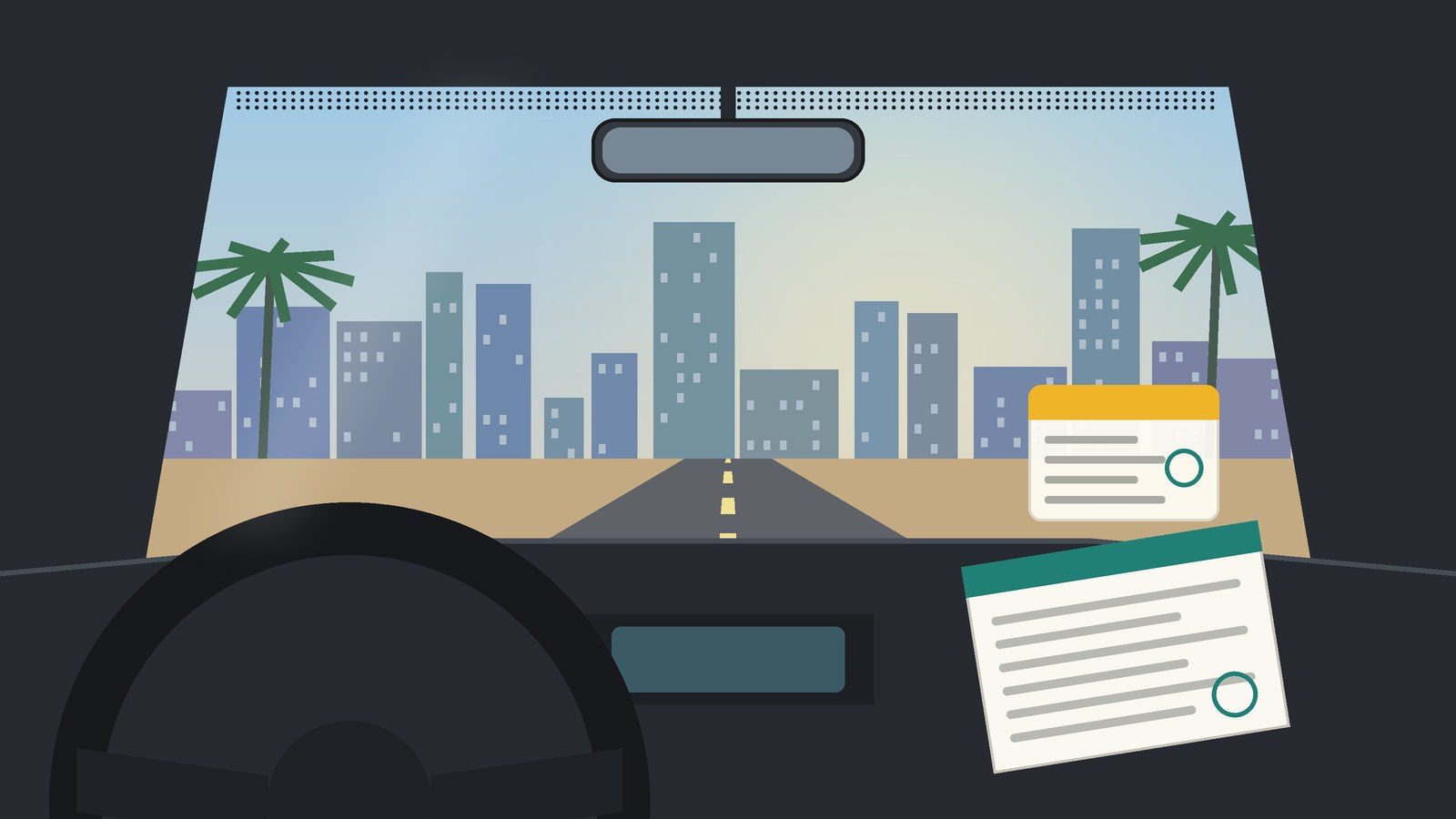 Ilustração: interior de um carro com o volante à esquerda; no canto do pára-brisas do lado do passageiro está colado um dístico de seguro sem marca e, no tablier, uma folha representa o certificado de seguro.